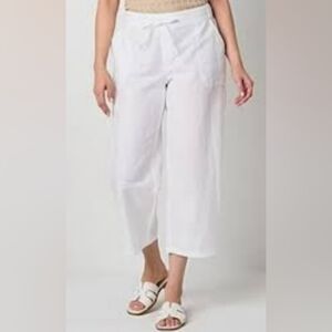 Liz Claiborne White Wide Leg Linen Mid Rise Pull On Pants Size L Coastal Beach